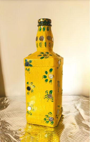 handmade mirror art yellow bottle with green print,perfect for decor your house